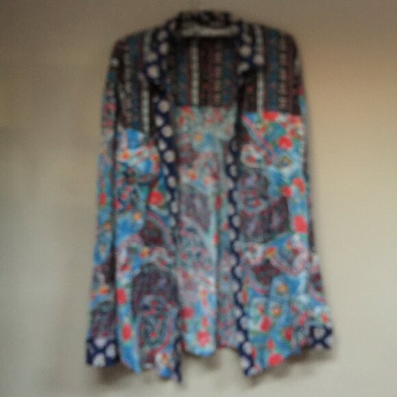 Carole Little Womens Long Sleeve Open Front Top Collared Floral Multicolor Shirt